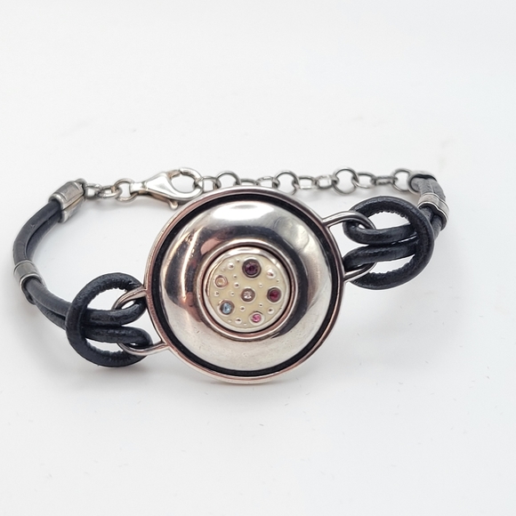 Sterling Silver Dome Leather Straps Bracelet - Picture 1 of 8